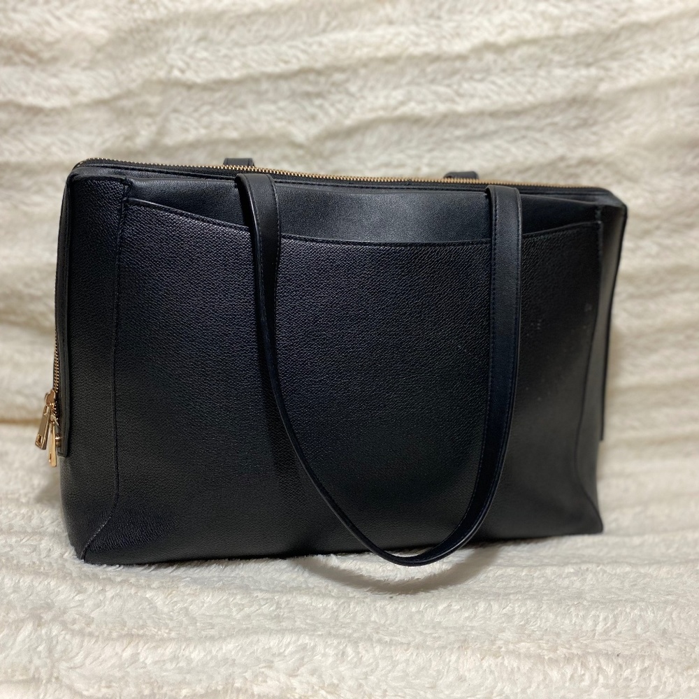 black work tote handbag with 3 compartments laptop pocket